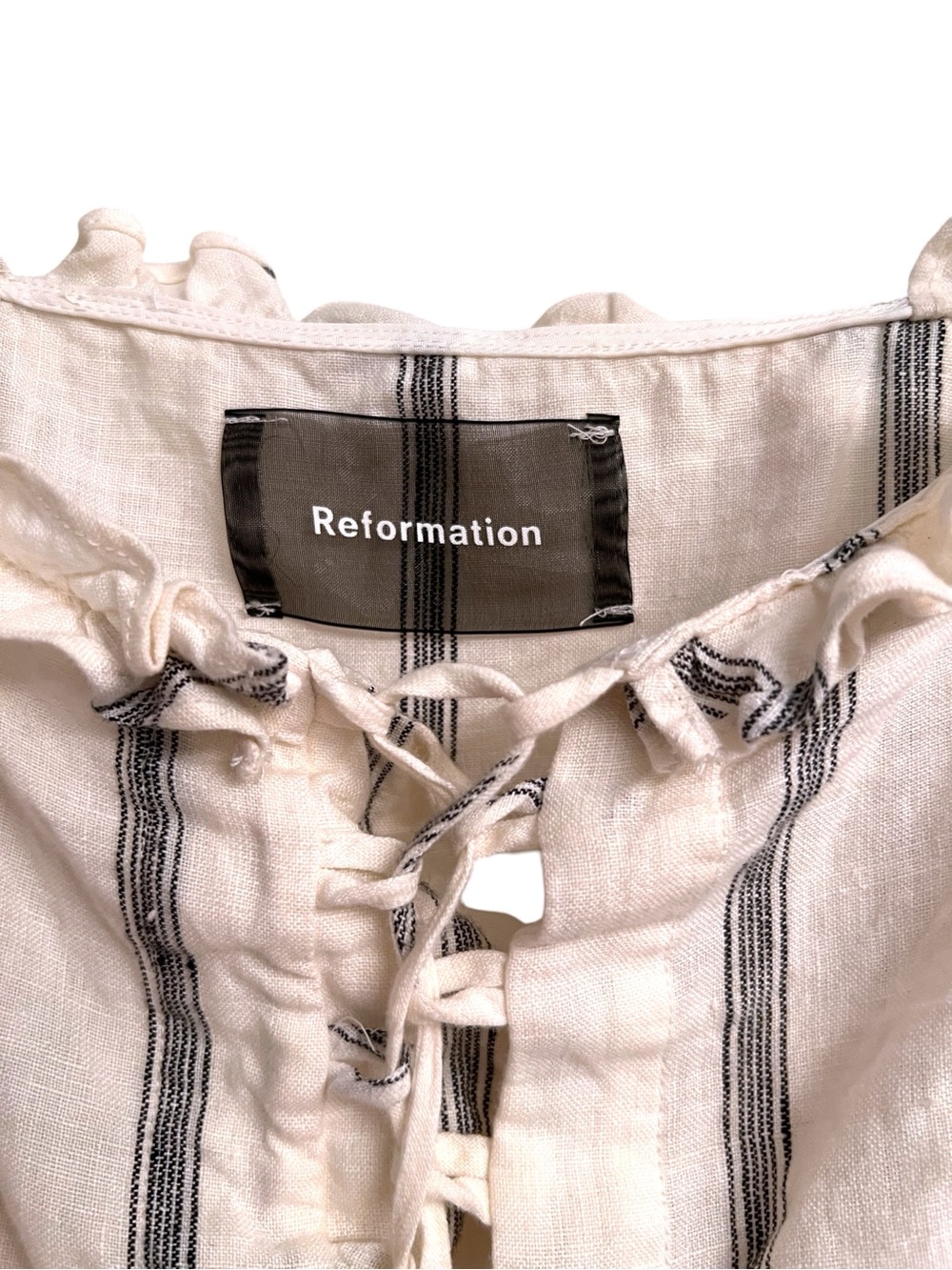 Reformation Linen Striped Lace-Up Ruffled Corset Style White Gray Top Size 6 - Picture 3 of 5